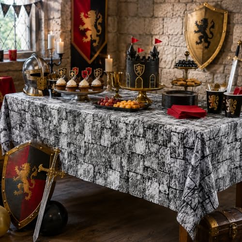 Stone Wall Tablecloth 54x108 Inch Medieval Castle Knight Themed Party Decorations - 2 Pack