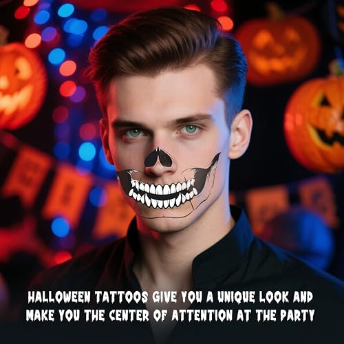 Halloween Face Tattoos Set - Waterproof Skeleton Zombie Clown Designs for Costume Makeup
