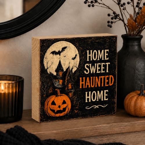 Home Sweet Haunted Home Halloween Wooden Sign - Rustic 5x5 Inch Decor for Tiered Tray, Mantel & Gift