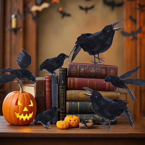 YOFIT Halloween Fake Crow Decorations - Realistic Black Crow Set - Style 2