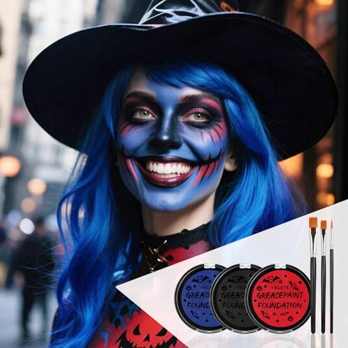 Face Paint Kit for Halloween Makeup - Oil-Based, Vivid Colors, Includes 3 Brushes - Red Black Blue Variation