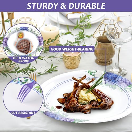 Hydrangea Pattern Disposable Paper Plates - 50 Pack 11-Inch Large Spring Floral Dinnerware Set