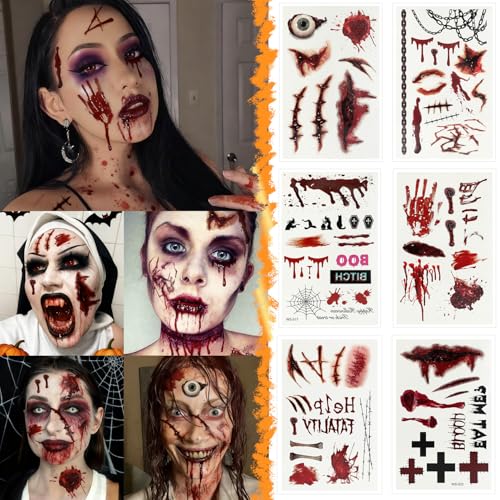 Zombie Face Tattoos Halloween Fake Scar & Wound Makeup Kit - 12 Sheets - Variation: Zombie Makeup