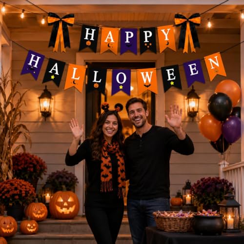 Halloween Banner Set with Double-Layer Satin Bows and Cardstock Pennants