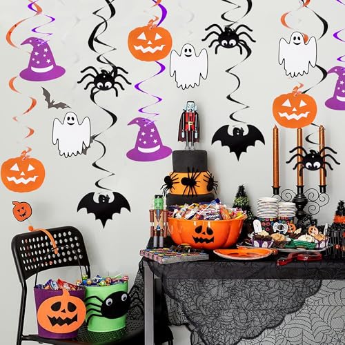 Halloween Hanging Swirls Decorations - 30PCS Ghost Spider Witch Pumpkin Bats in Black Orange Purple