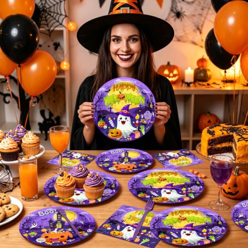 Halloween Party Plates and Napkins Set - Disposable Pumpkin Ghost Theme - 96pcs