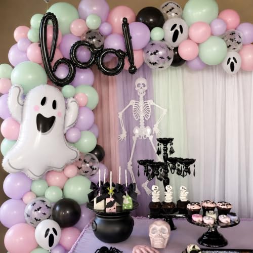 Halloween Balloon Garland Arch Kit with 3D Bat Stickers and Ghost Balloons - Black Green Purple Pink Variation