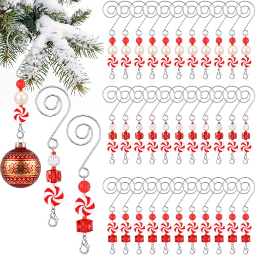 Christmas Ornament Hooks Set - Silver, Red, White Bead Acrylic Wire Hangers - 72 Pieces
