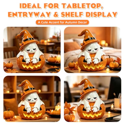 Halloween Ghost Pumpkin Figurine with Light - Resin Tabletop Decor