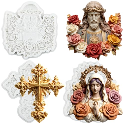 Virgin Mary Jesus Cross Silicone Mold Set of 3 - Baptism Cake Decorating