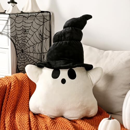 Cute Ghost Halloween Throw Pillow - Plush White Cushion with Black Hat for Indoor Decor
