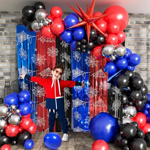 Spider Web Birthday Decorations 2 Pack Foil Fringe Curtains - Blue, Red & Black Variation
