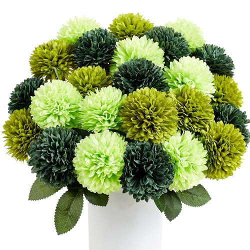 Artificial Chrysanthemum Flowers - Green 12 Pieces, Realistic Silk Blooms for Decor