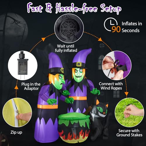 6 Ft Inflatable Halloween Witches & Black Cat Scene with LED Lights, Ground Stakes - Indoor & Outdoor Yard Decor