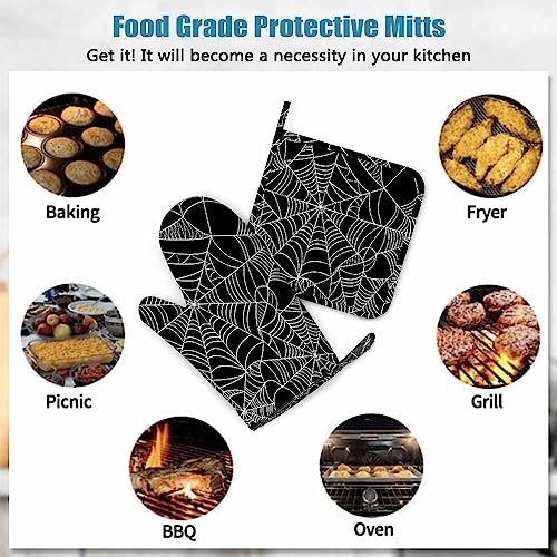 Halloween Spider Web Oven Mitts and Pot Holders Set - Black & White, Heat Resistant Silicone Kitchen Gloves