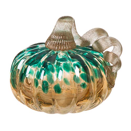 Hand Blown Glass Pumpkin Decor - 4.13 Inch Blue and Gold Glitter Fall Accent - Handmade Thanksgiving Table Centerpiece