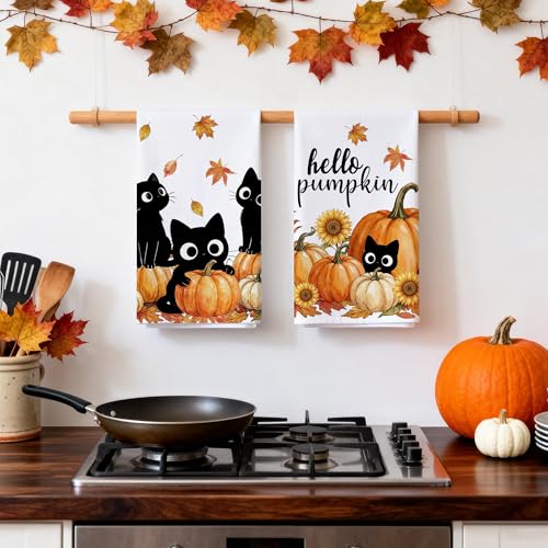 Hexagram Fall Kitchen Towels Set - Black Cat & Pumpkin Design, 18 x 28 Inches