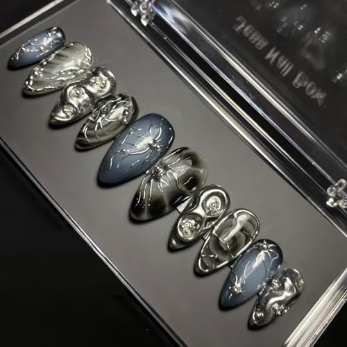 Goth Press On Nails 30Pcs Medium Almond Fake Nails Glitter Silver Alloy 3D Chrome Design - Variation of Goth Fake Nails-4