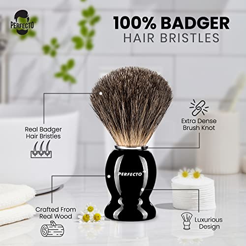 Perfecto 100% Pure Badger Shaving Brush Black Handle - Luxurious Wet Shave