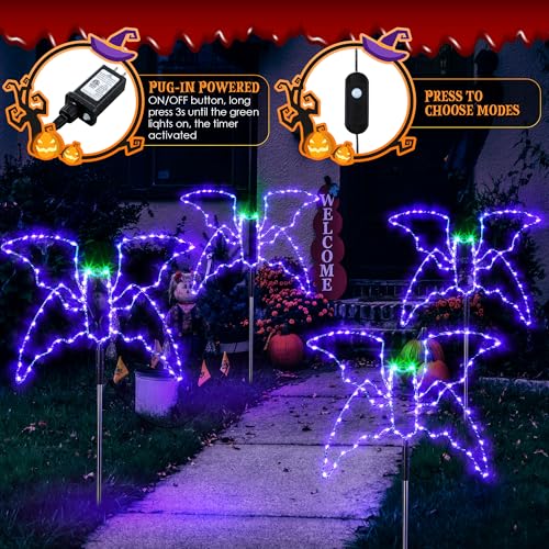 Halloween Bat Pathway Lights Set - 4 Pack Outdoor Decor with Remote & 4 Light Modes