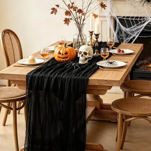 Black Halloween Table Runner 10ft Cheesecloth Boho Party Decor - 6 Pieces