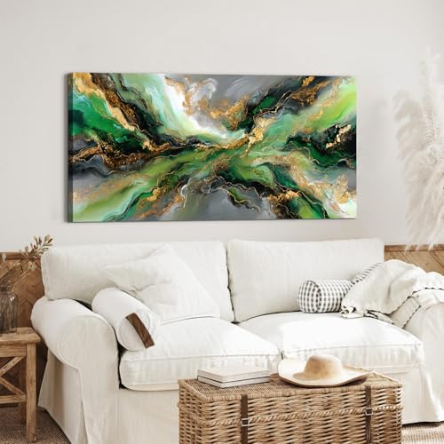 Emerald Green Abstract Wall Art - 40x20 Inch Canvas Painting with Gold Accents - Variation: Abstract03