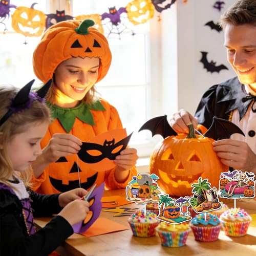 48Pcs Summer Halloween Cupcake Toppers - Beach Ghost Pumpkin Skeleton Decor