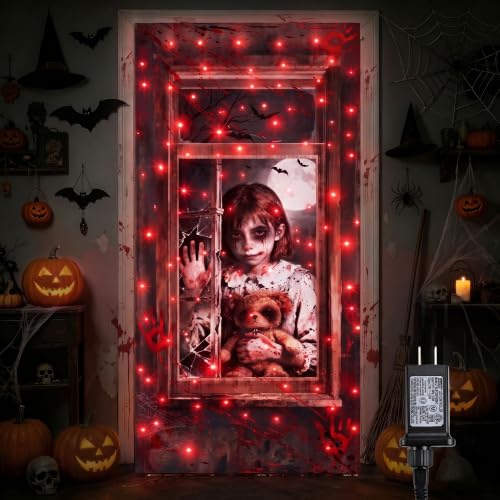 Halloween Door Cover Lights - Red 37.8x81.9 Inch with 8 Modes & Timer