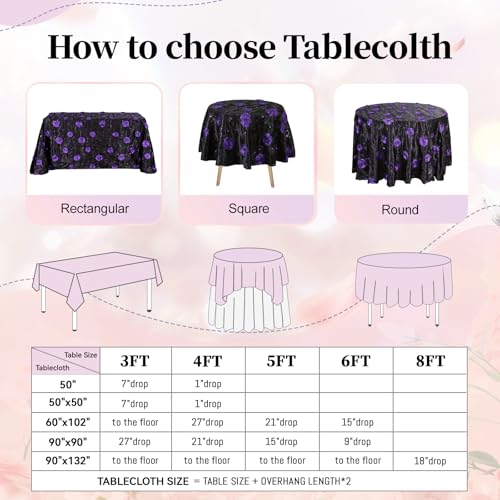 Black 132x90 Inch Rectangular Christmas Tablecloth with 3D Rosette Sequin Satin