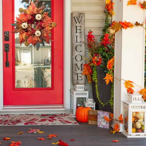 Fall Door Wreath 21 Inch Autumn Decorations with Maple Leaves Pumpkin Berries