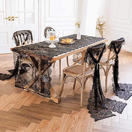 Black Lace Table Runner 30 x 120 Inch Floral Embroidered Fabric - Variation 2