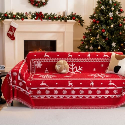 Christmas Sofa Cover with Tassels for 2-3 Cushion Couch - Red XX-Large 71x134 Inches