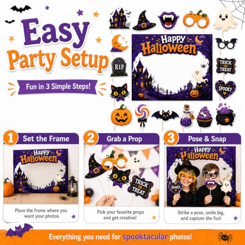 Halloween Photo Booth Props Kit with Selfie Frame - Orange, 16 Pieces