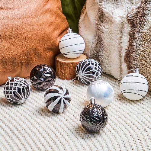 Christmas Ornaments Set - 16 Black & White Shatterproof Balls for Xmas Tree Decoration