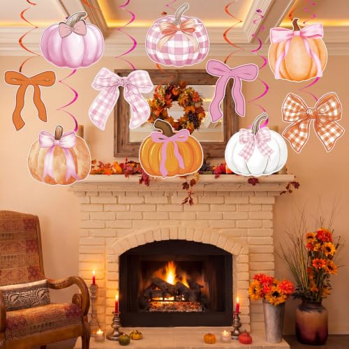 Pink Bow Pumpkin Fall Party Decorations - 20 Hanging Swirl Bows & Ribbons (Variation: 20 Bow Pumpkin)