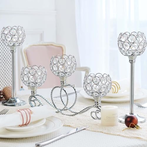 Silver Set of 6 Metal Crystal Tea Light Candle Holders - Wedding & Holiday Centerpiece