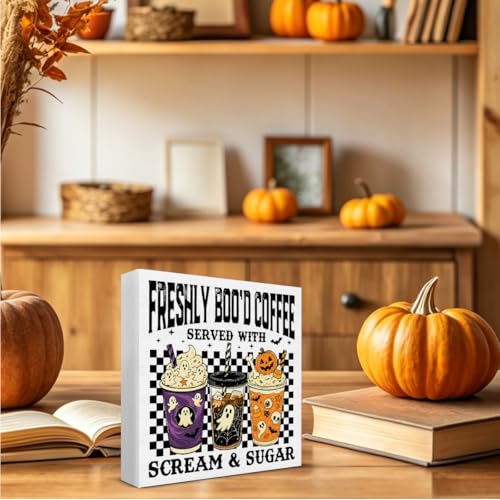 Halloween Ghost Wooden Sign - Spooky Coffee Decor for Home & Cafe 5x5 Inches