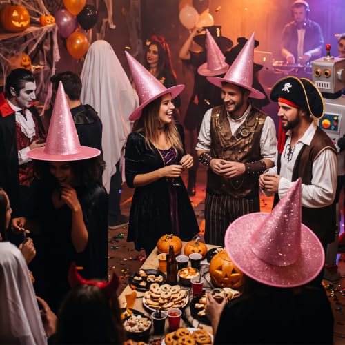 Pink Halloween Witch Hat Decorations - 12 Glitter Hanging Witch Hats with Ropes