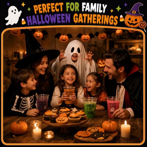 Halloween Plastic Cups 100 Pack - Spooky Theme Sayings & Designs, 12 oz, Party Supplies