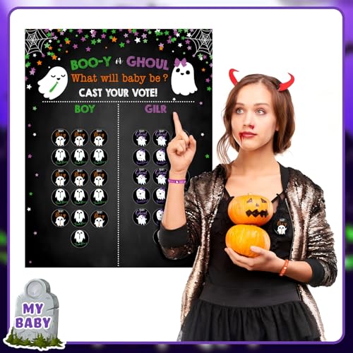 Halloween Gender Reveal Party Game Kit with Ghost Voting Posters & Stickers