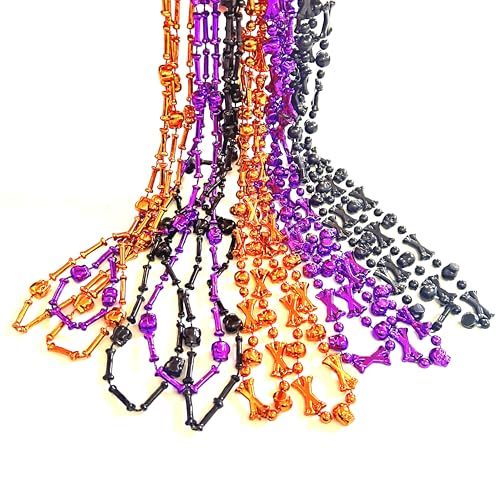 36PCS Halloween Skull Bead Necklaces - Black, Orange & Purple Party Decor