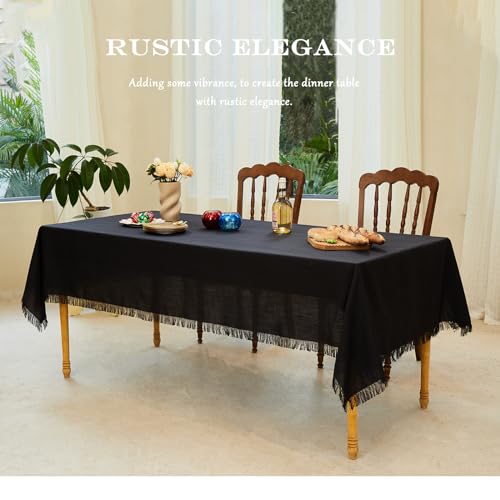 Black Fringed Rectangle Tablecloth 55x120 Inches - Handmade Farmhouse Style