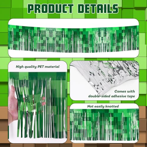Green Pixel Float Decorations Foil Fringe Garland 2 Pack - 10 Ft for Gaming Theme Parties