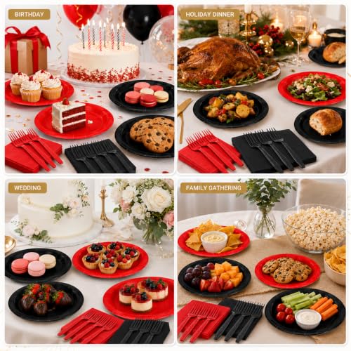 Red and Black Disposable Paper Dessert Plate & Napkin Set for Parties