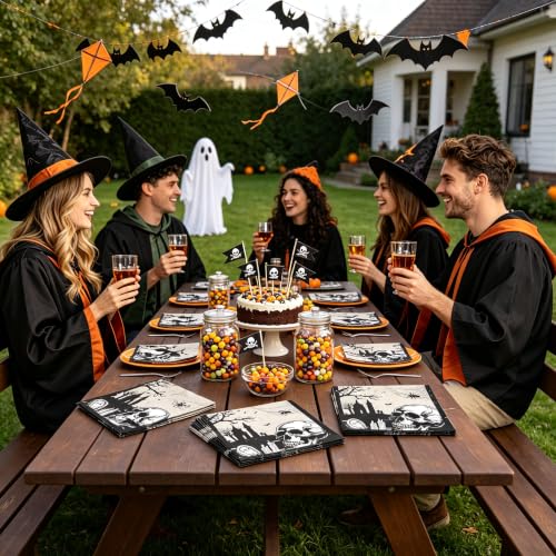 Gothic Halloween Paper Napkins - Disposable Skull Pumpkin Graveyard Design - 20 Pack - Napkin Variation