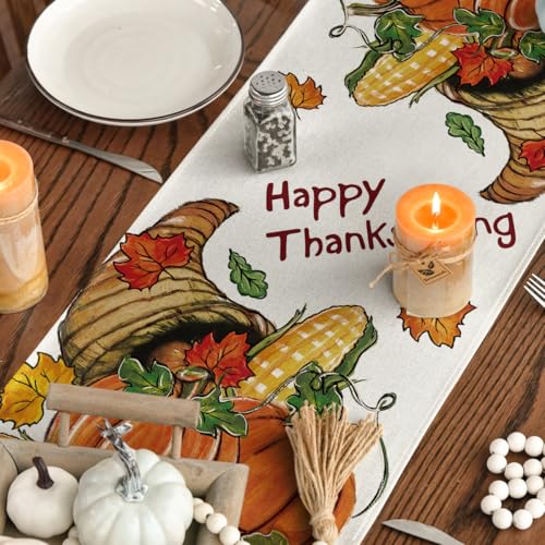 Pumpkins Turkey Thanksgiving Table Runner 13 x 108 Inch Fall Autumn Kitchen Decor - Beige
