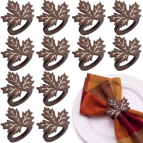 12 Pcs Wooden Fall Napkin Rings with Maple Leaf Design - Thanksgiving Table Decor