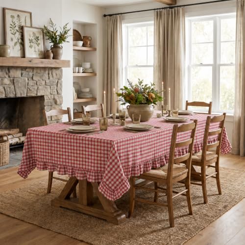 Horaldaily Beige Red Gingham Ruffled Table Cloth 60x84 Inch Rectangular
