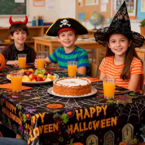 Halloween Disposable Plastic Tablecloths Set - Black Neon Pumpkins Bats Ghosts 5 Pack
