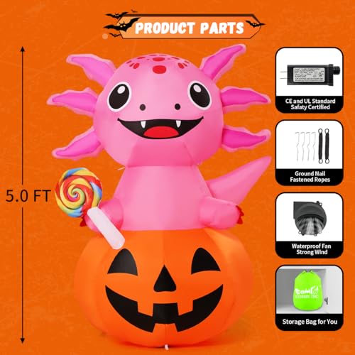 5 Ft Halloween Inflatable Axolotl Pumpkin Yard Decor with LED Lights Outdoor